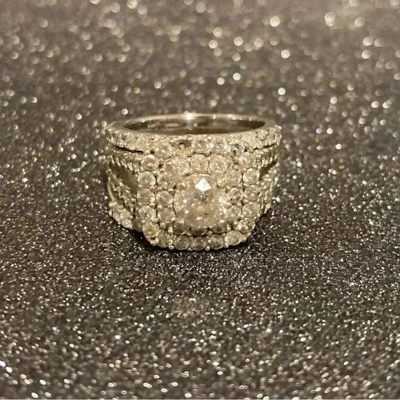 3ct. Halo Cushion Diamond Engagement Wedding Ring Set 10k White Gold (3 pcs.) - Picture 2 of 15